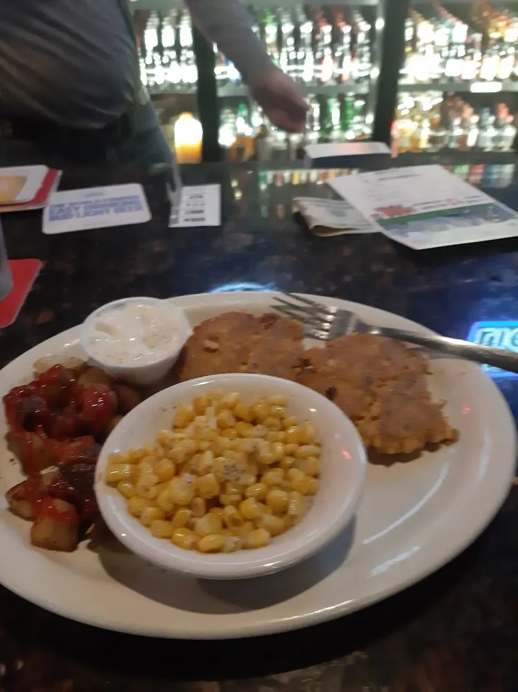 Salmon Patties Fried Taters and Corn a Lunch Special